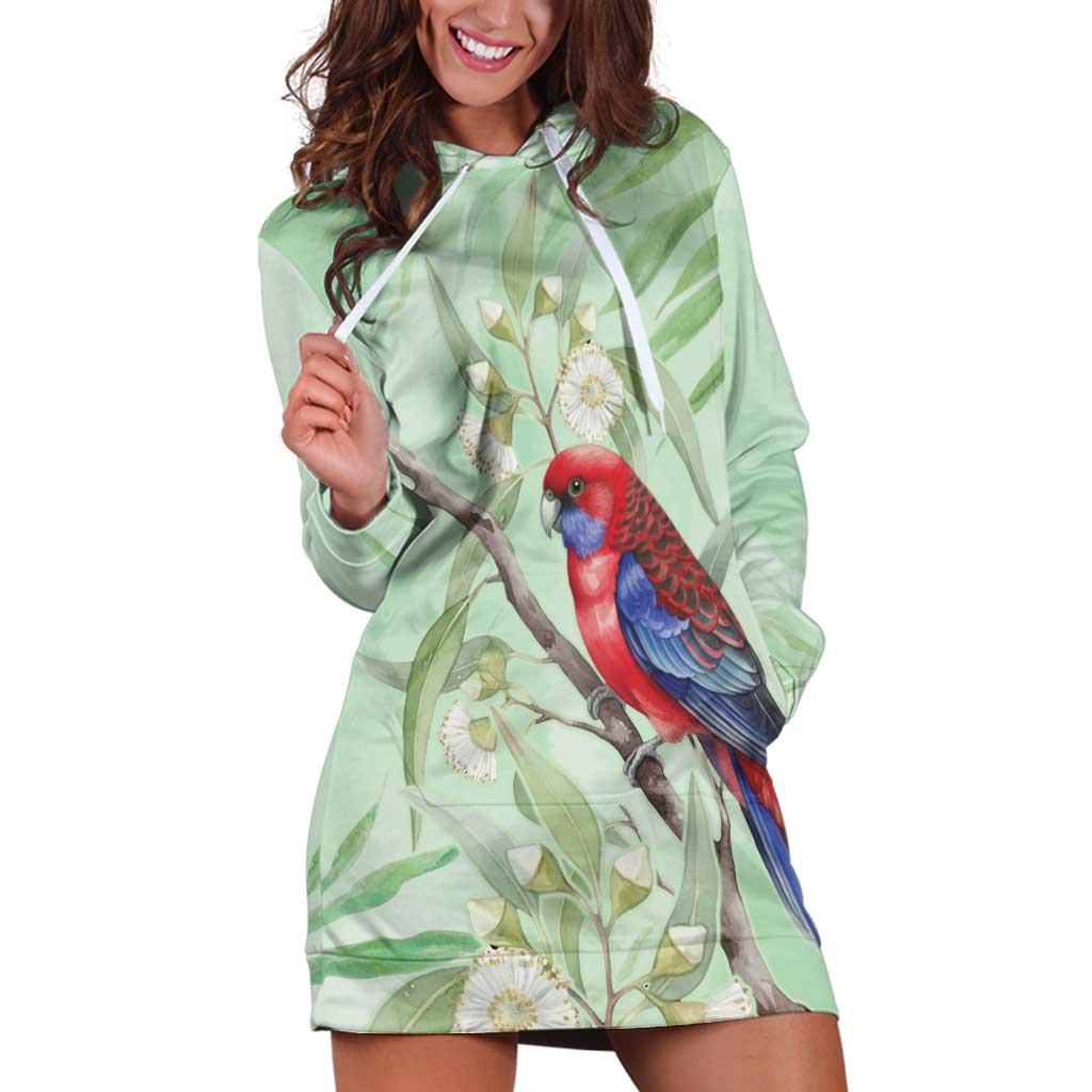 Australia Crimson Rosella Hoodie Dress Platycercus Elegans Eucalyptus Alba Watercolor - Aussie Hoodie