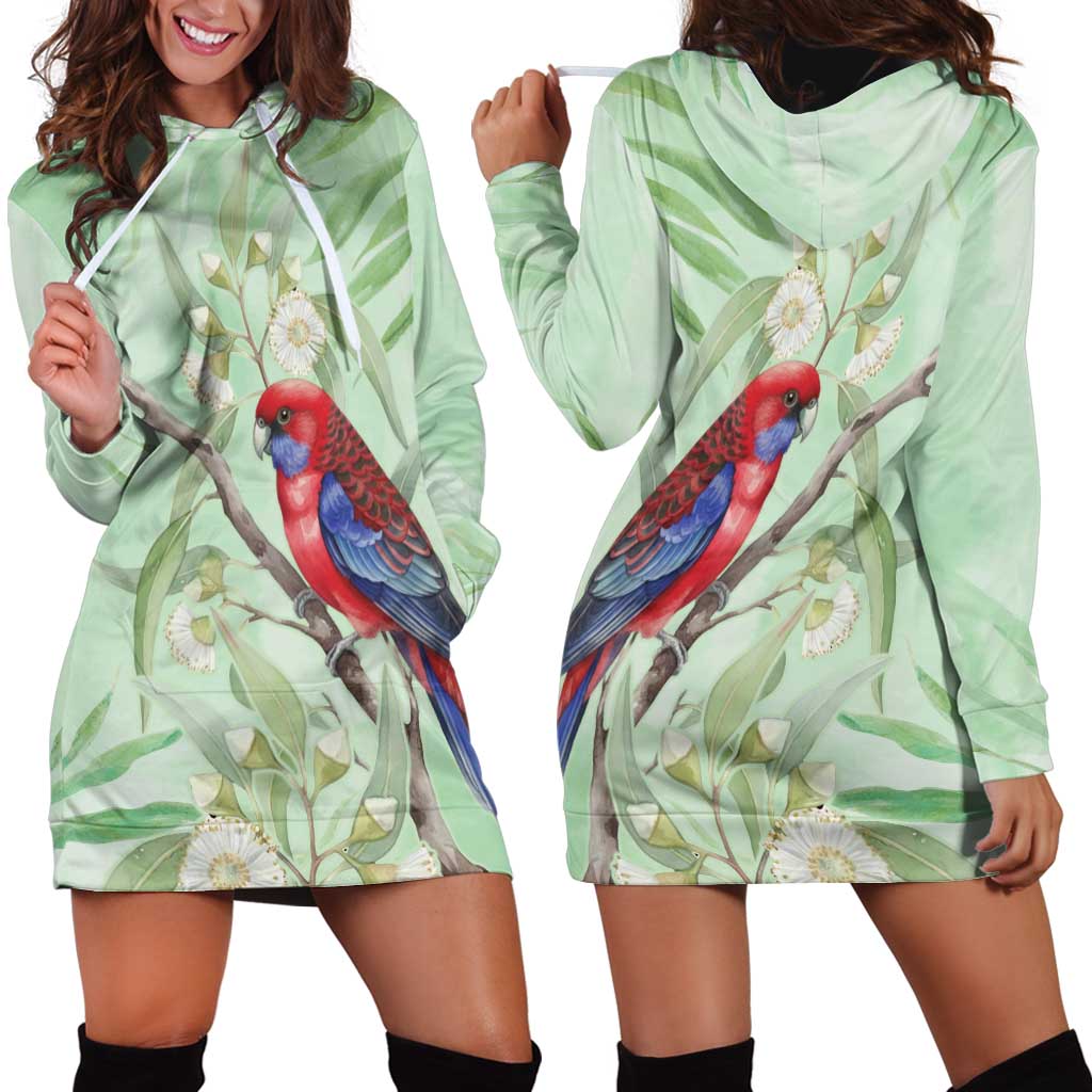 Australia Crimson Rosella Hoodie Dress Platycercus Elegans Eucalyptus Alba Watercolor - Aussie Hoodie