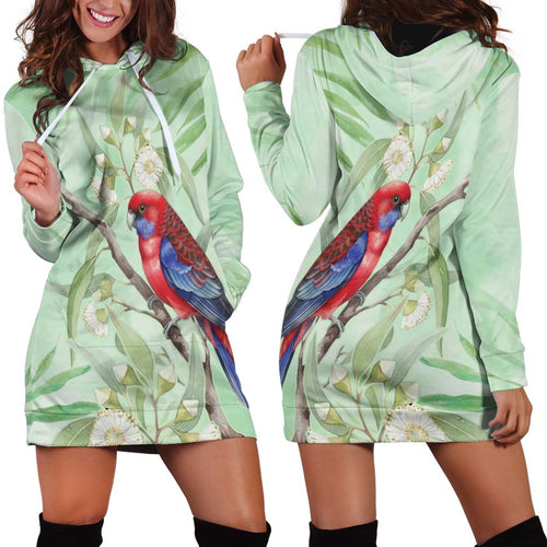 Australia Crimson Rosella Hoodie Dress Platycercus Elegans Eucalyptus Alba Watercolor - Aussie Hoodie