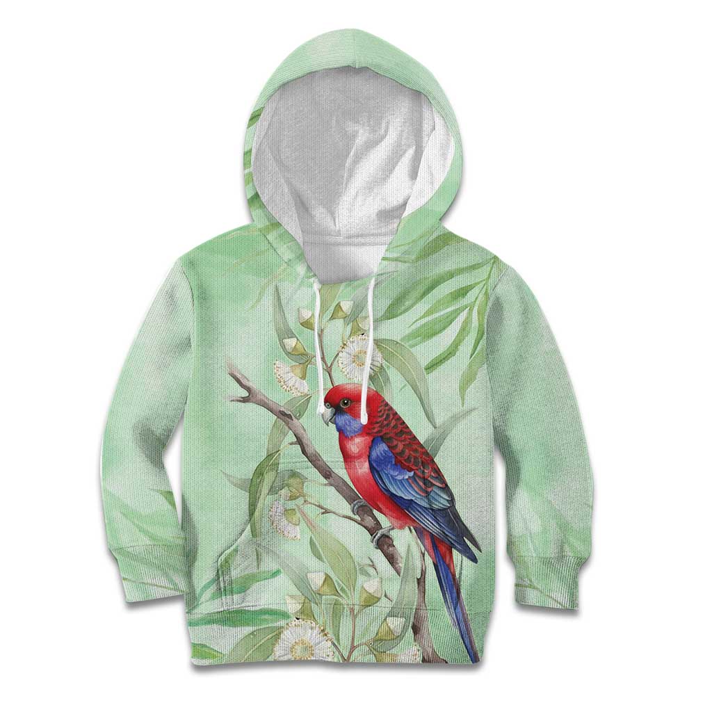 Australia Crimson Rosella Kid Hoodie Platycercus Elegans Eucalyptus Alba Watercolor - Aussie Hoodie