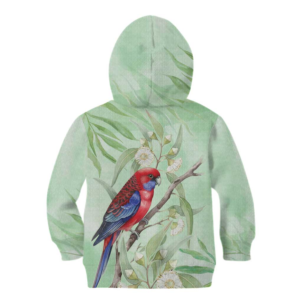 Australia Crimson Rosella Kid Hoodie Platycercus Elegans Eucalyptus Alba Watercolor - Aussie Hoodie
