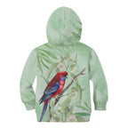 Australia Crimson Rosella Kid Hoodie Platycercus Elegans Eucalyptus Alba Watercolor - Aussie Hoodie