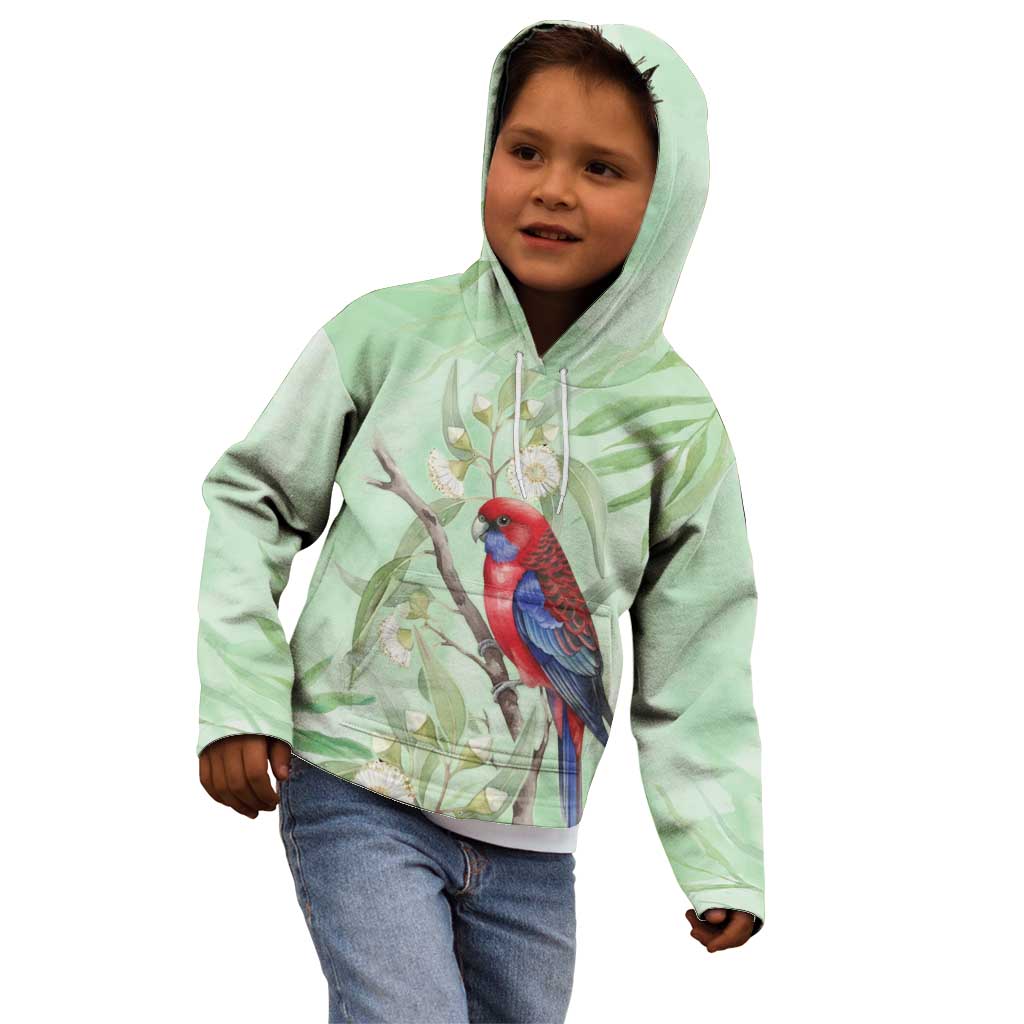 Australia Crimson Rosella Kid Hoodie Platycercus Elegans Eucalyptus Alba Watercolor - Aussie Hoodie
