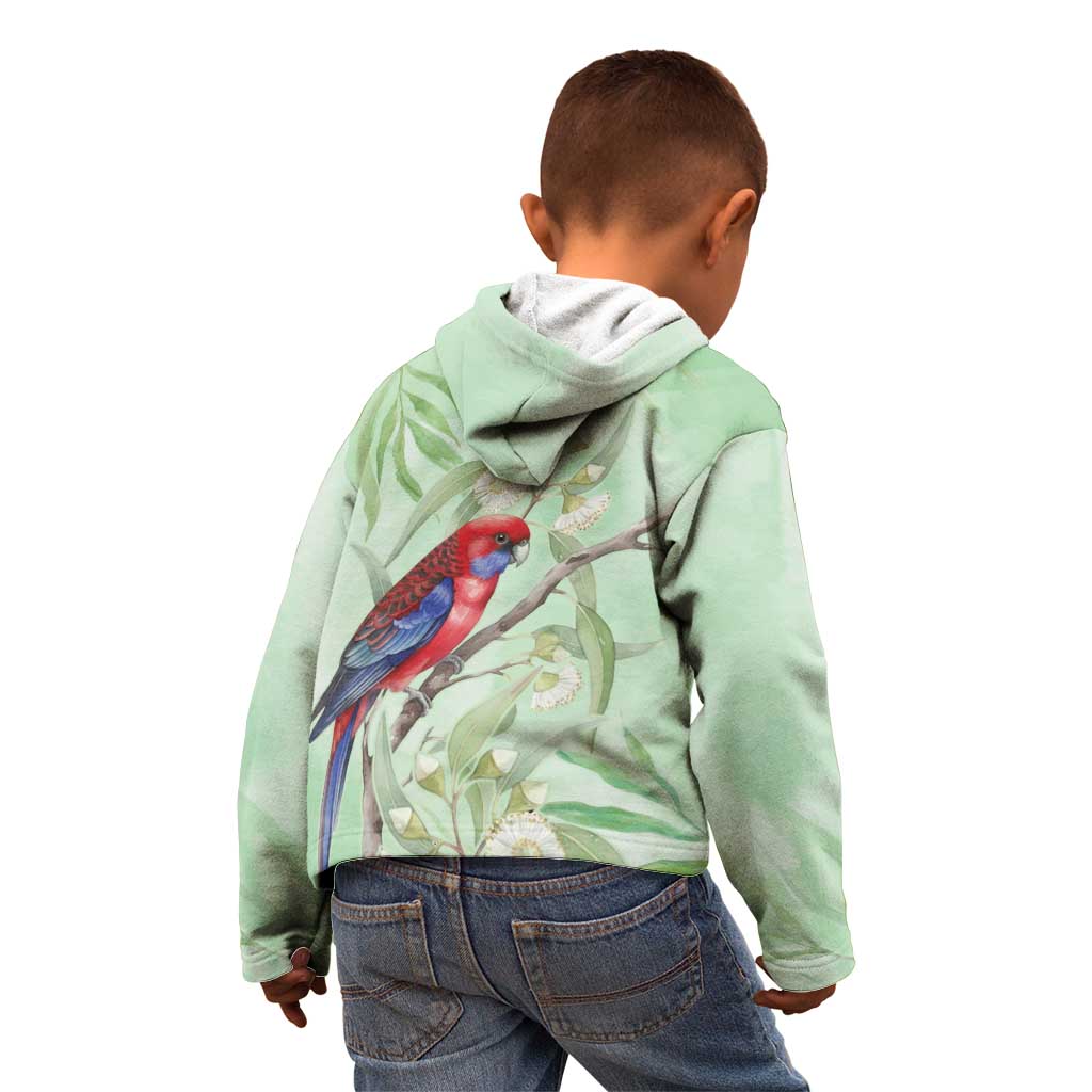Australia Crimson Rosella Kid Hoodie Platycercus Elegans Eucalyptus Alba Watercolor - Aussie Hoodie