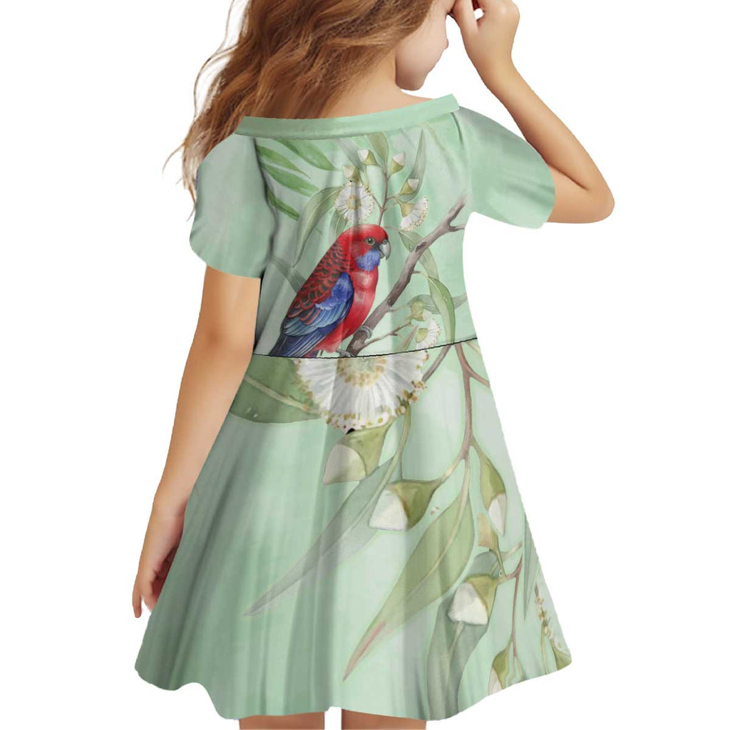 Australia Crimson Rosella Kid Short Sleeve Dress Platycercus Elegans Eucalyptus Alba Watercolor - Aussie Hoodie
