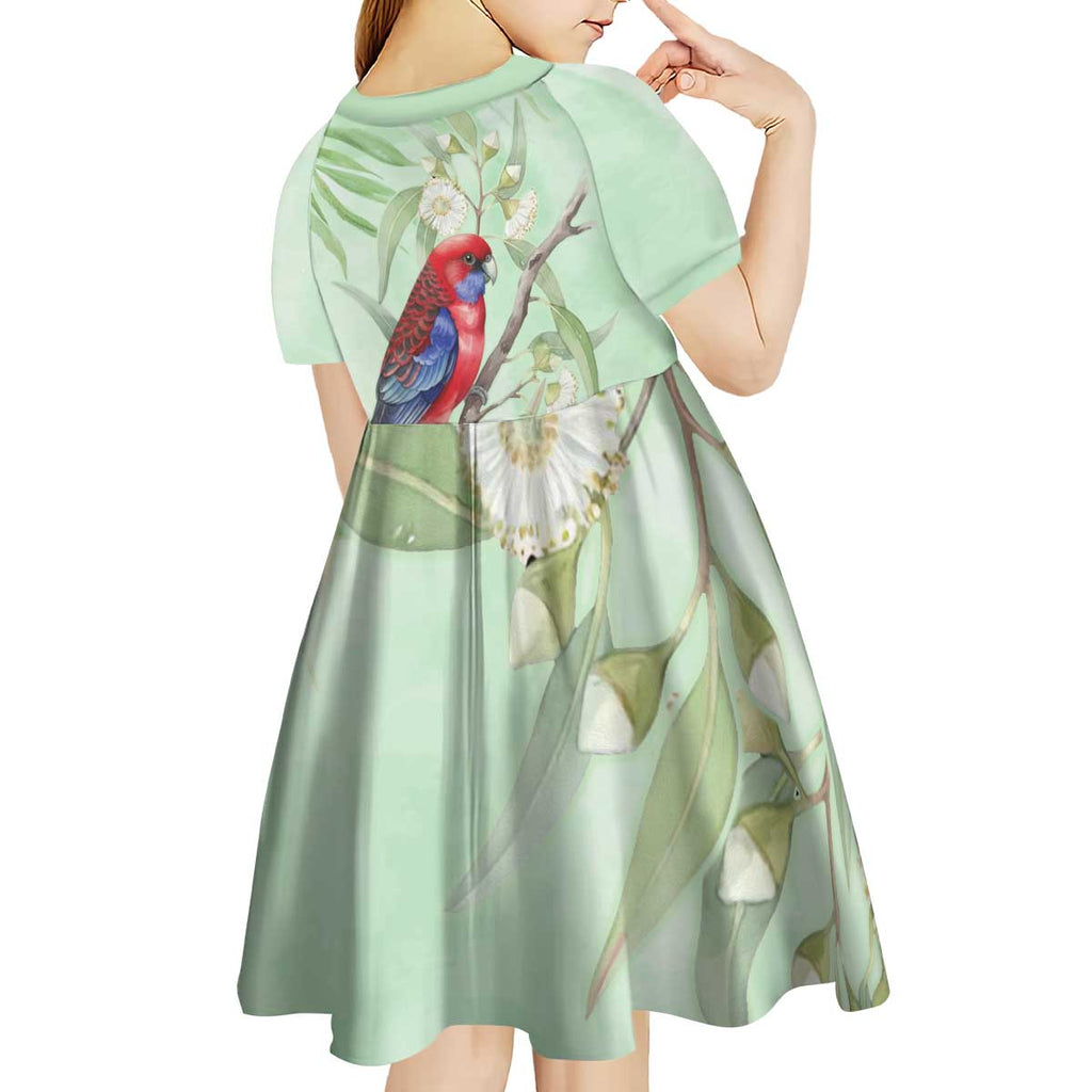 Australia Crimson Rosella Kid Short Sleeve Dress Platycercus Elegans Eucalyptus Alba Watercolor - Aussie Hoodie