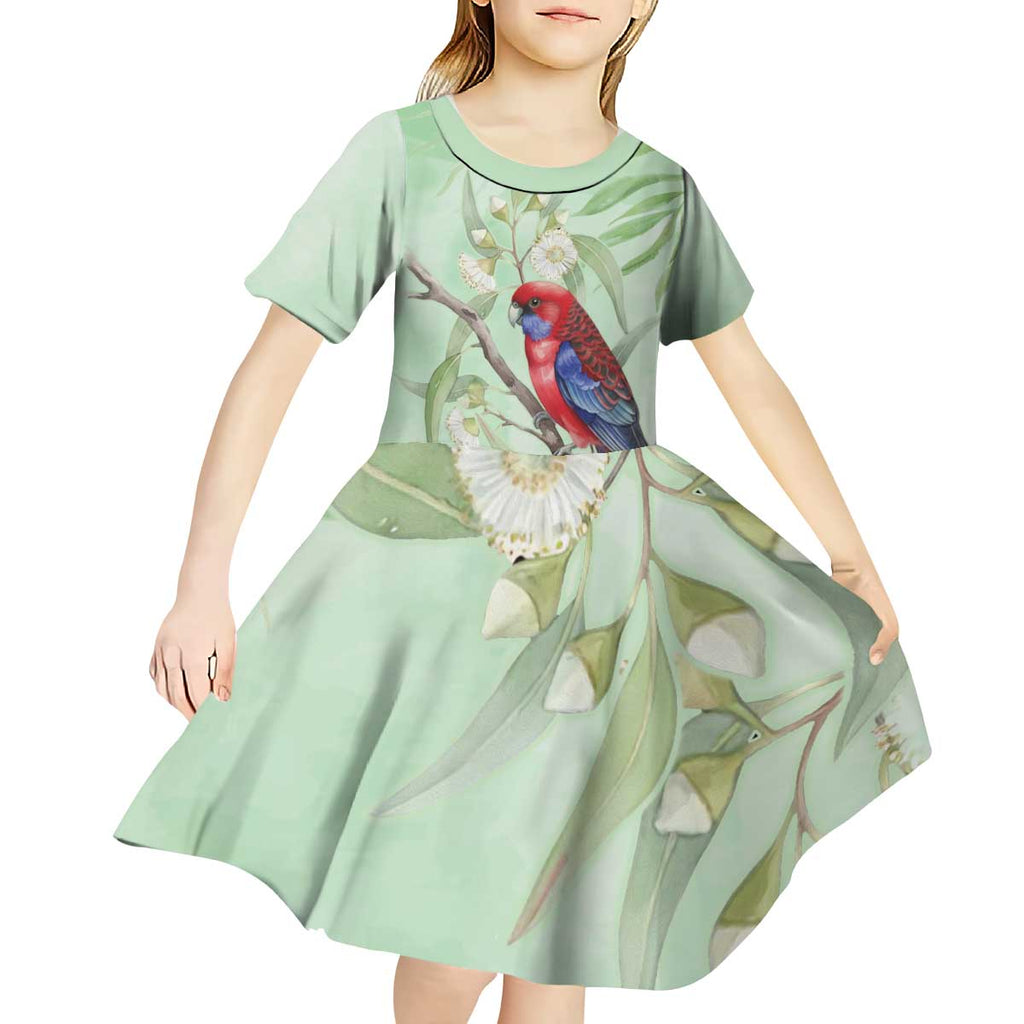 Australia Crimson Rosella Kid Short Sleeve Dress Platycercus Elegans Eucalyptus Alba Watercolor - Aussie Hoodie