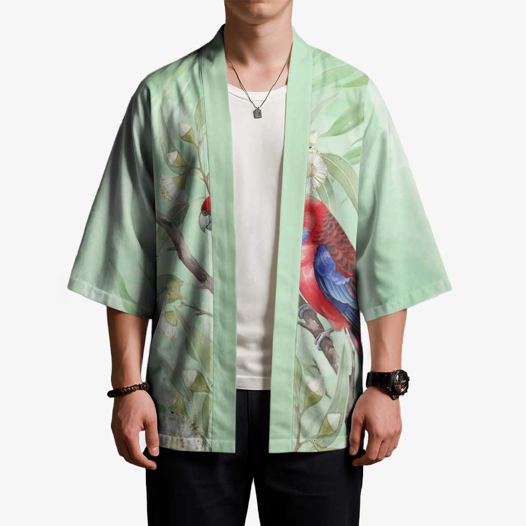 Australia Crimson Rosella Kimono Platycercus Elegans Eucalyptus Alba Watercolor - Aussie Hoodie