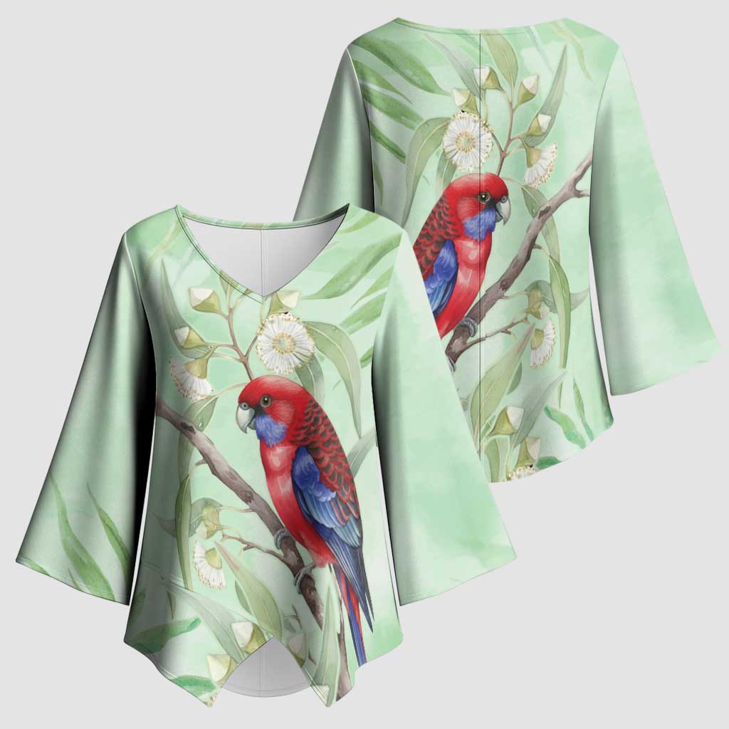 Australia Crimson Rosella Kimono Sleeve Blouse Platycercus Elegans Eucalyptus Alba Watercolor - Aussie Hoodie