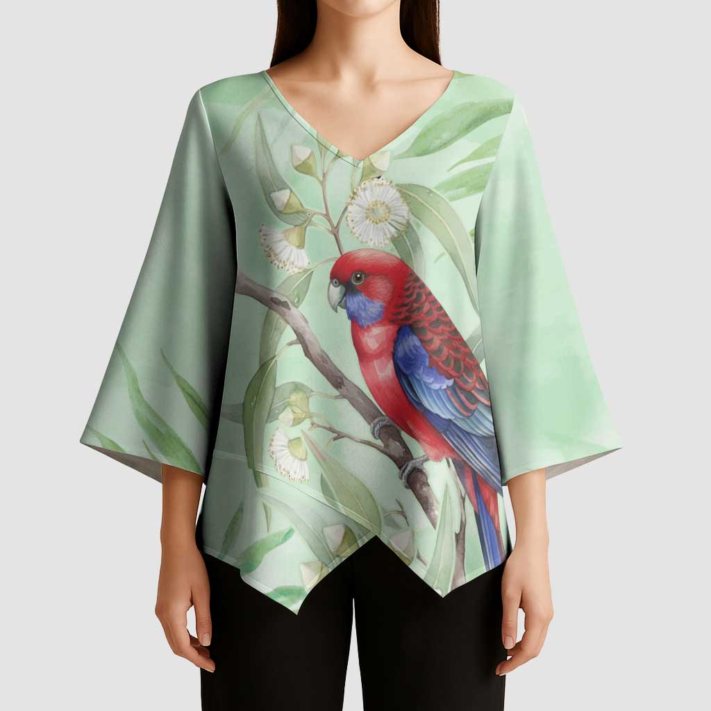 Australia Crimson Rosella Kimono Sleeve Blouse Platycercus Elegans Eucalyptus Alba Watercolor - Aussie Hoodie