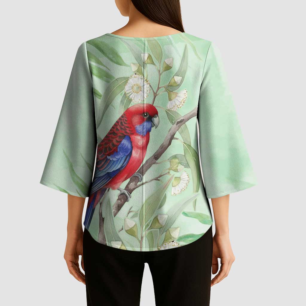 Australia Crimson Rosella Kimono Sleeve Blouse Platycercus Elegans Eucalyptus Alba Watercolor - Aussie Hoodie
