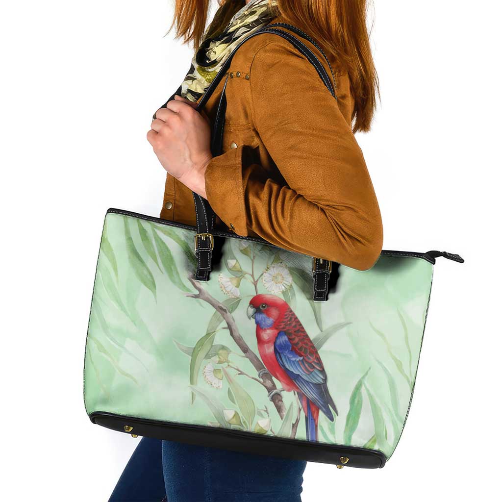 Australia Crimson Rosella Leather Tote Bag Platycercus Elegans Eucalyptus Alba Watercolor - Aussie Hoodie