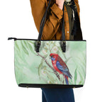 Australia Crimson Rosella Leather Tote Bag Platycercus Elegans Eucalyptus Alba Watercolor - Aussie Hoodie