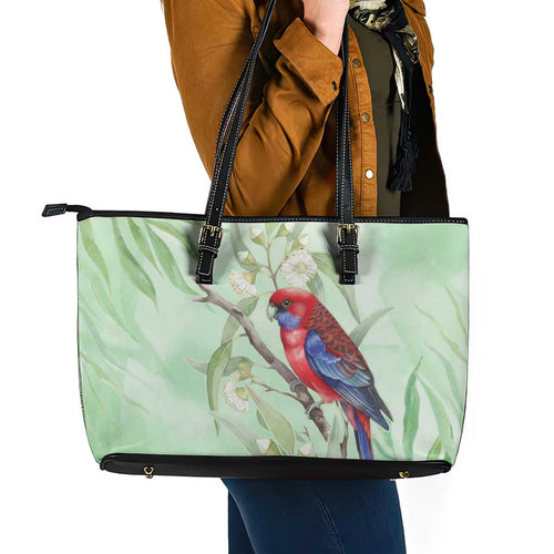 Australia Crimson Rosella Leather Tote Bag Platycercus Elegans Eucalyptus Alba Watercolor - Aussie Hoodie