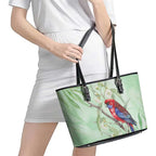 Australia Crimson Rosella Leather Tote Bag Platycercus Elegans Eucalyptus Alba Watercolor - Aussie Hoodie