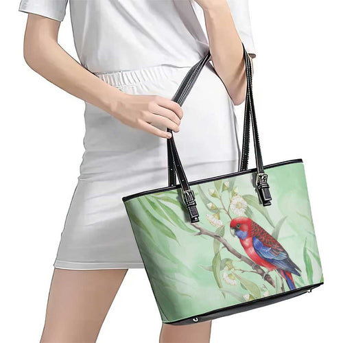 Australia Crimson Rosella Leather Tote Bag Platycercus Elegans Eucalyptus Alba Watercolor - Aussie Hoodie