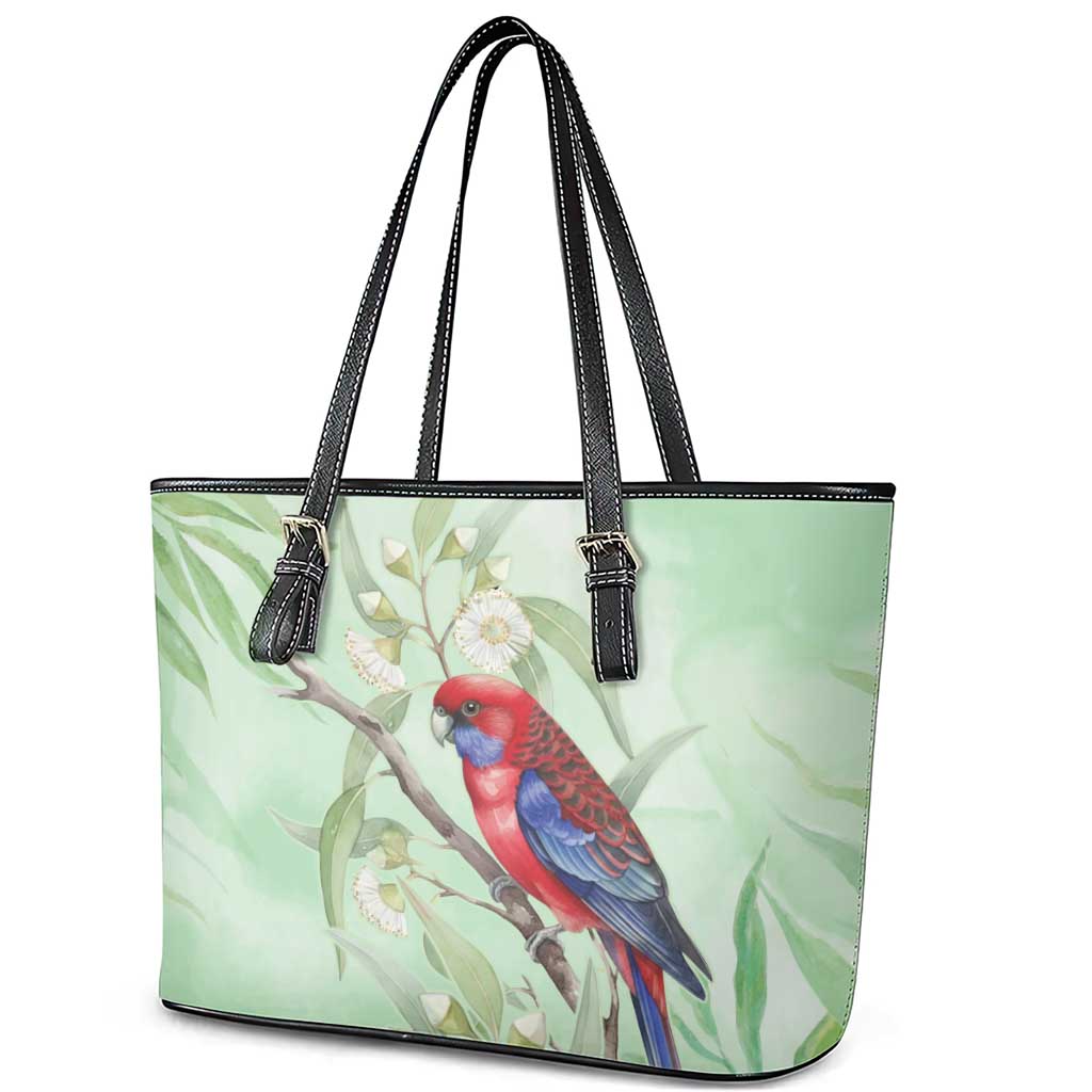 Australia Crimson Rosella Leather Tote Bag Platycercus Elegans Eucalyptus Alba Watercolor - Aussie Hoodie