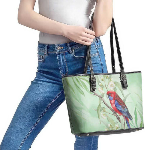 Australia Crimson Rosella Leather Tote Bag Platycercus Elegans Eucalyptus Alba Watercolor - Aussie Hoodie