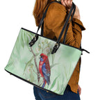 Australia Crimson Rosella Leather Tote Bag Platycercus Elegans Eucalyptus Alba Watercolor - Aussie Hoodie