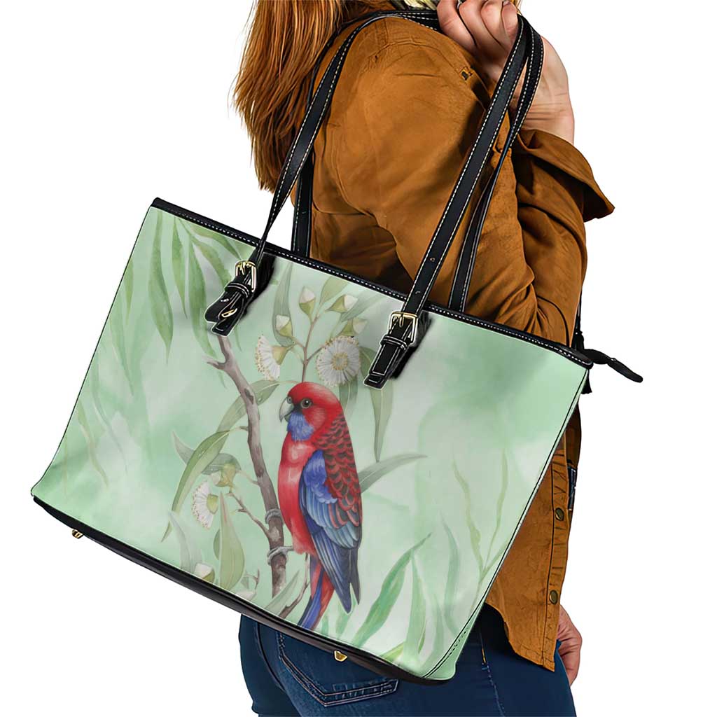 Australia Crimson Rosella Leather Tote Bag Platycercus Elegans Eucalyptus Alba Watercolor - Aussie Hoodie