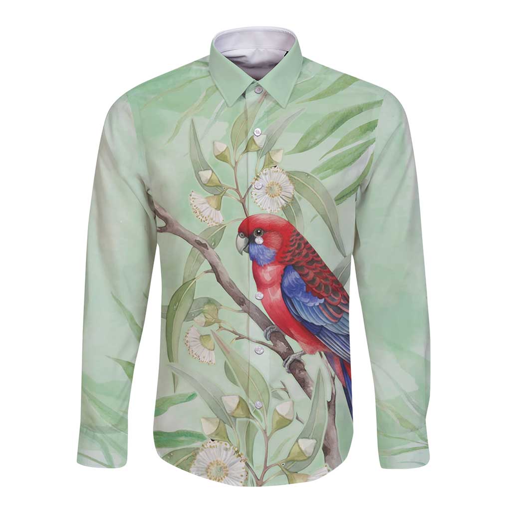 Australia Crimson Rosella Long Sleeve Button Shirt Platycercus Elegans Eucalyptus Alba Watercolor - Aussie Hoodie