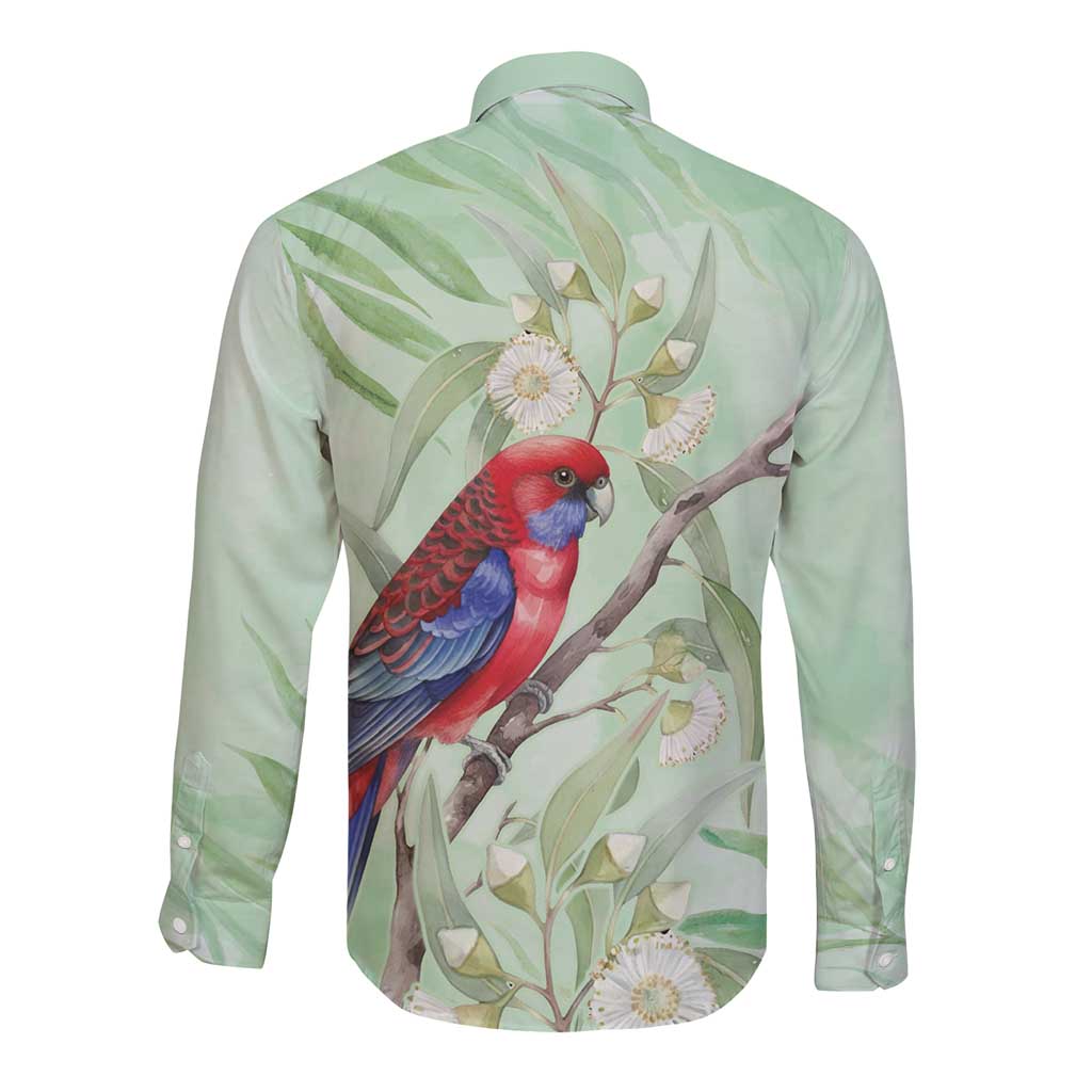 Australia Crimson Rosella Long Sleeve Button Shirt Platycercus Elegans Eucalyptus Alba Watercolor - Aussie Hoodie