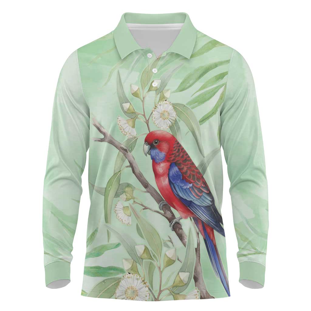 Australia Crimson Rosella Long Sleeve Polo Shirt Platycercus Elegans Eucalyptus Alba Watercolor - Aussie Hoodie