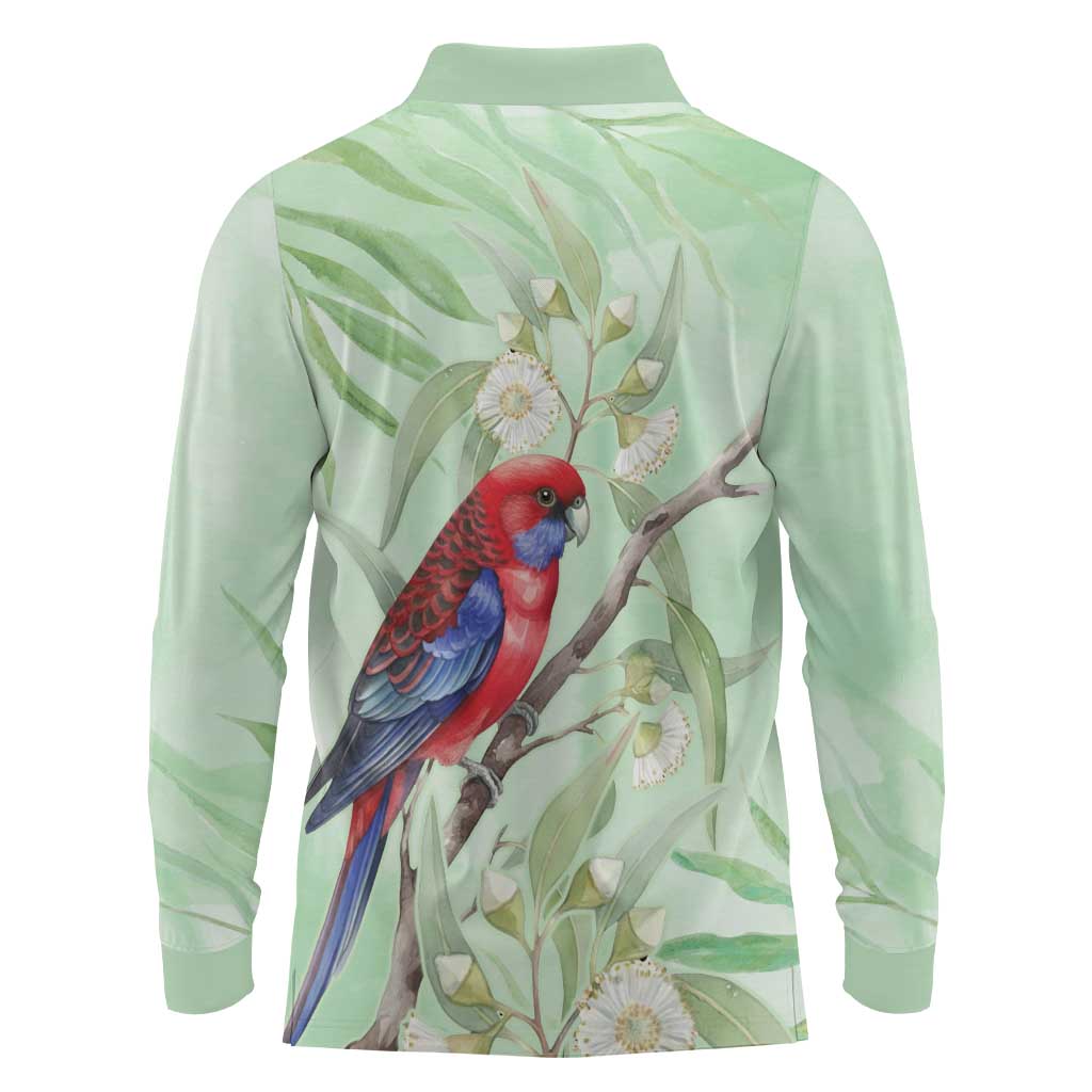 Australia Crimson Rosella Long Sleeve Polo Shirt Platycercus Elegans Eucalyptus Alba Watercolor - Aussie Hoodie