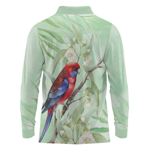 Australia Crimson Rosella Long Sleeve Polo Shirt Platycercus Elegans Eucalyptus Alba Watercolor - Aussie Hoodie