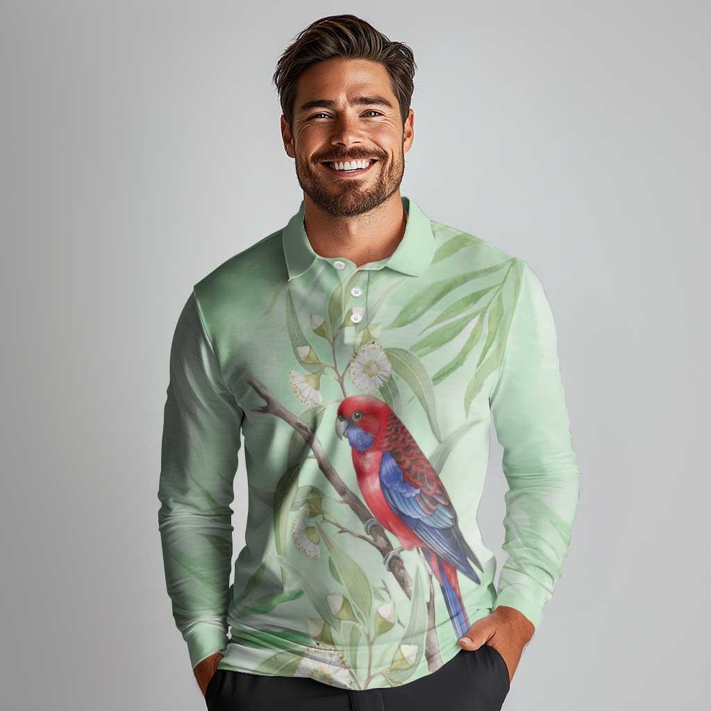 Australia Crimson Rosella Long Sleeve Polo Shirt Platycercus Elegans Eucalyptus Alba Watercolor - Aussie Hoodie