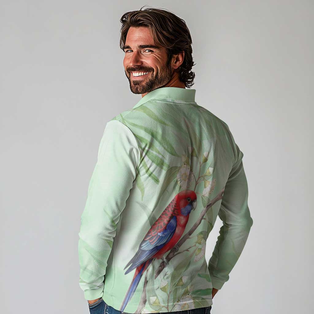 Australia Crimson Rosella Long Sleeve Polo Shirt Platycercus Elegans Eucalyptus Alba Watercolor - Aussie Hoodie