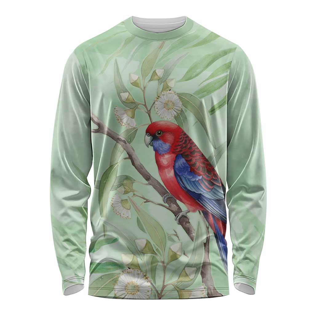 Australia Crimson Rosella Long Sleeve Shirt Platycercus Elegans Eucalyptus Alba Watercolor - Aussie Hoodie