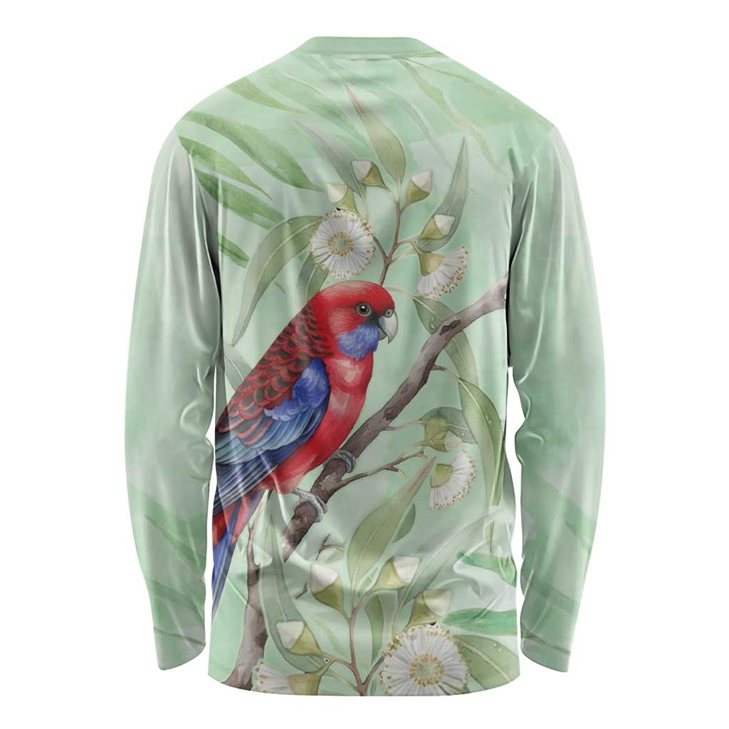 Australia Crimson Rosella Long Sleeve Shirt Platycercus Elegans Eucalyptus Alba Watercolor - Aussie Hoodie