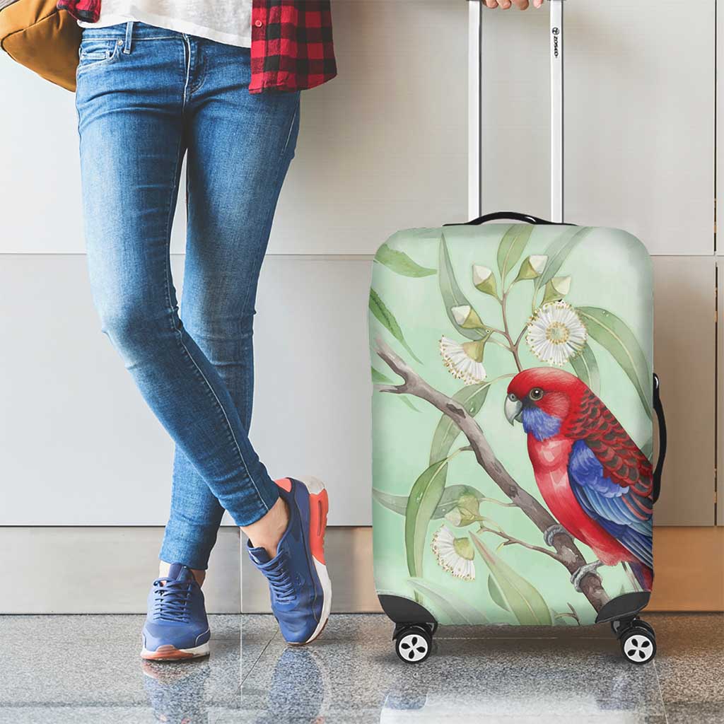 Australia Crimson Rosella Luggage Cover Platycercus Elegans Eucalyptus Alba Watercolor - Aussie Hoodie