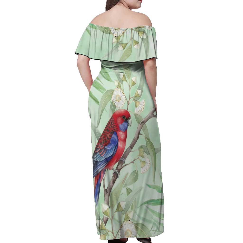 Australia Crimson Rosella Off Shoulder Maxi Dress Platycercus Elegans Eucalyptus Alba Watercolor - Aussie Hoodie