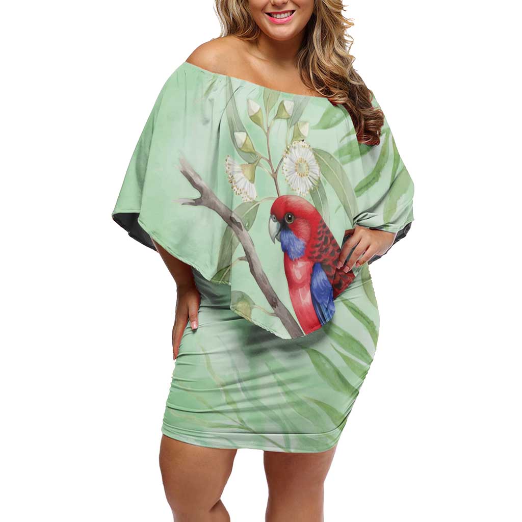 Australia Crimson Rosella Off Shoulder Short Dress Platycercus Elegans Eucalyptus Alba Watercolor - Aussie Hoodie