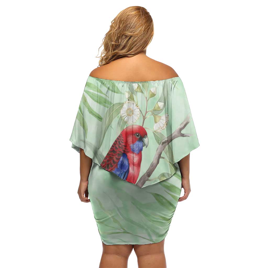 Australia Crimson Rosella Off Shoulder Short Dress Platycercus Elegans Eucalyptus Alba Watercolor - Aussie Hoodie