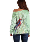 Australia Crimson Rosella Off Shoulder Sweater Platycercus Elegans Eucalyptus Alba Watercolor - Aussie Hoodie