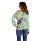Australia Crimson Rosella Off Shoulder Sweater Platycercus Elegans Eucalyptus Alba Watercolor - Aussie Hoodie