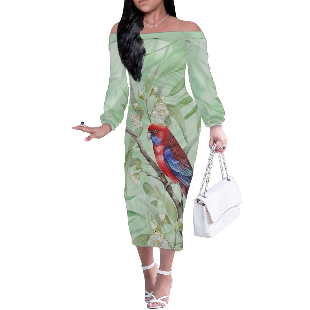 Australia Crimson Rosella Off The Shoulder Long Sleeve Dress Platycercus Elegans Eucalyptus Alba Watercolor - Aussie Hoodie