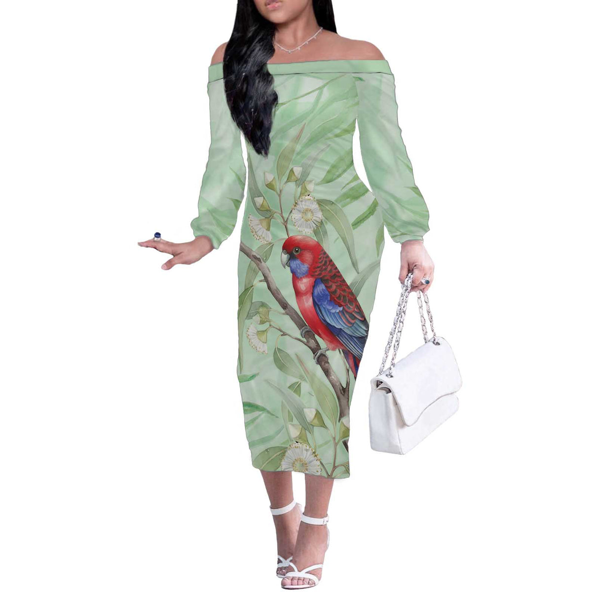 Australia Crimson Rosella Off The Shoulder Long Sleeve Dress Platycercus Elegans Eucalyptus Alba Watercolor - Aussie Hoodie