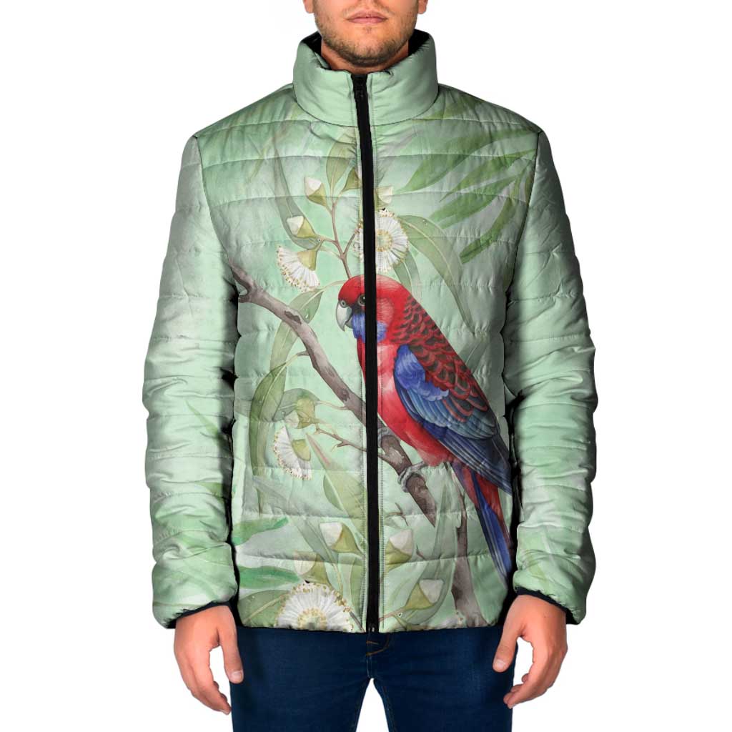 Australia Crimson Rosella Padded Jacket Platycercus Elegans Eucalyptus Alba Watercolor - Aussie Hoodie