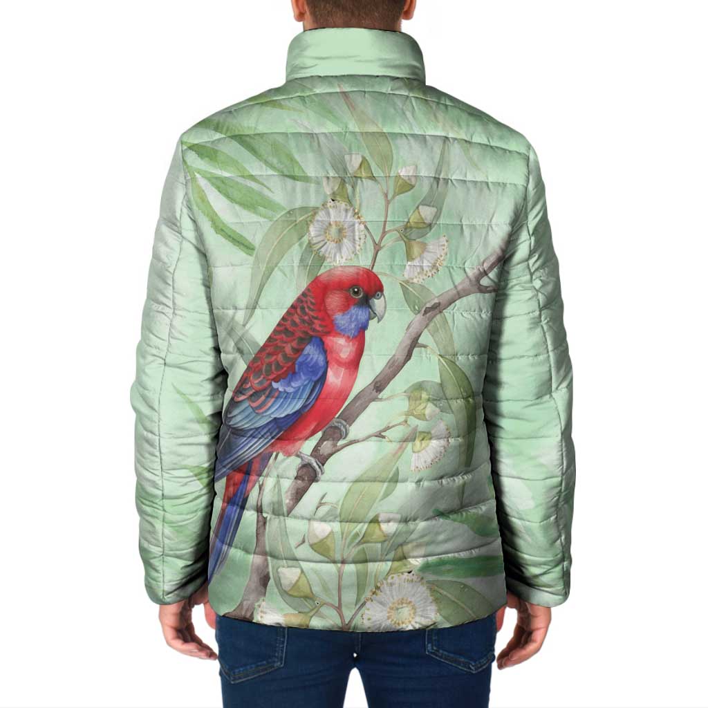 Australia Crimson Rosella Padded Jacket Platycercus Elegans Eucalyptus Alba Watercolor - Aussie Hoodie