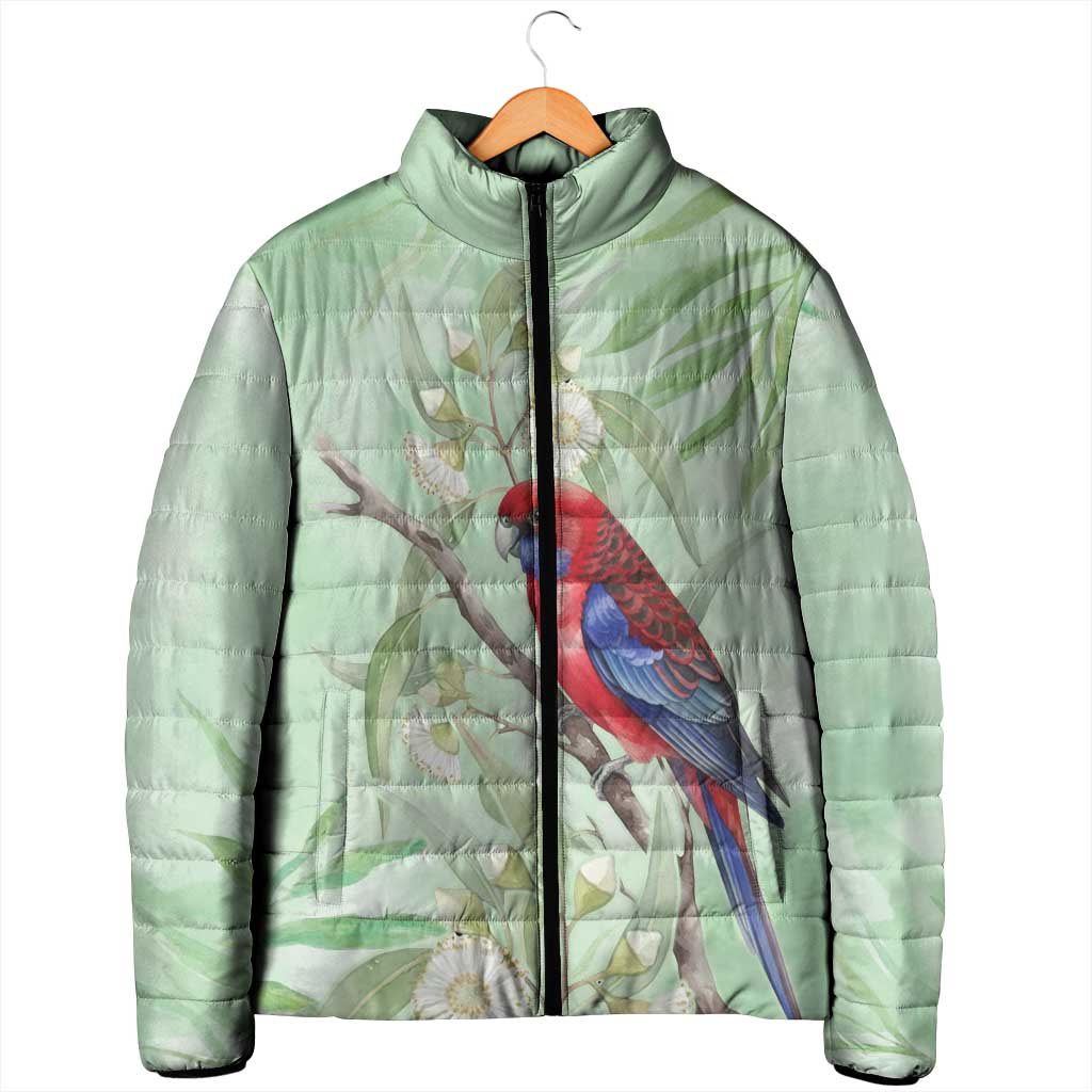 Australia Crimson Rosella Padded Jacket Platycercus Elegans Eucalyptus Alba Watercolor - Aussie Hoodie