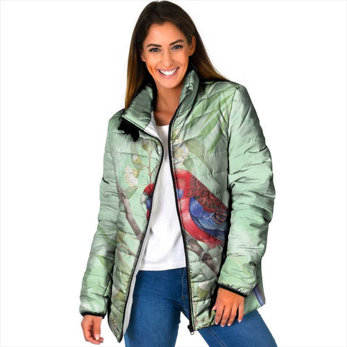 Australia Crimson Rosella Padded Jacket Platycercus Elegans Eucalyptus Alba Watercolor - Aussie Hoodie