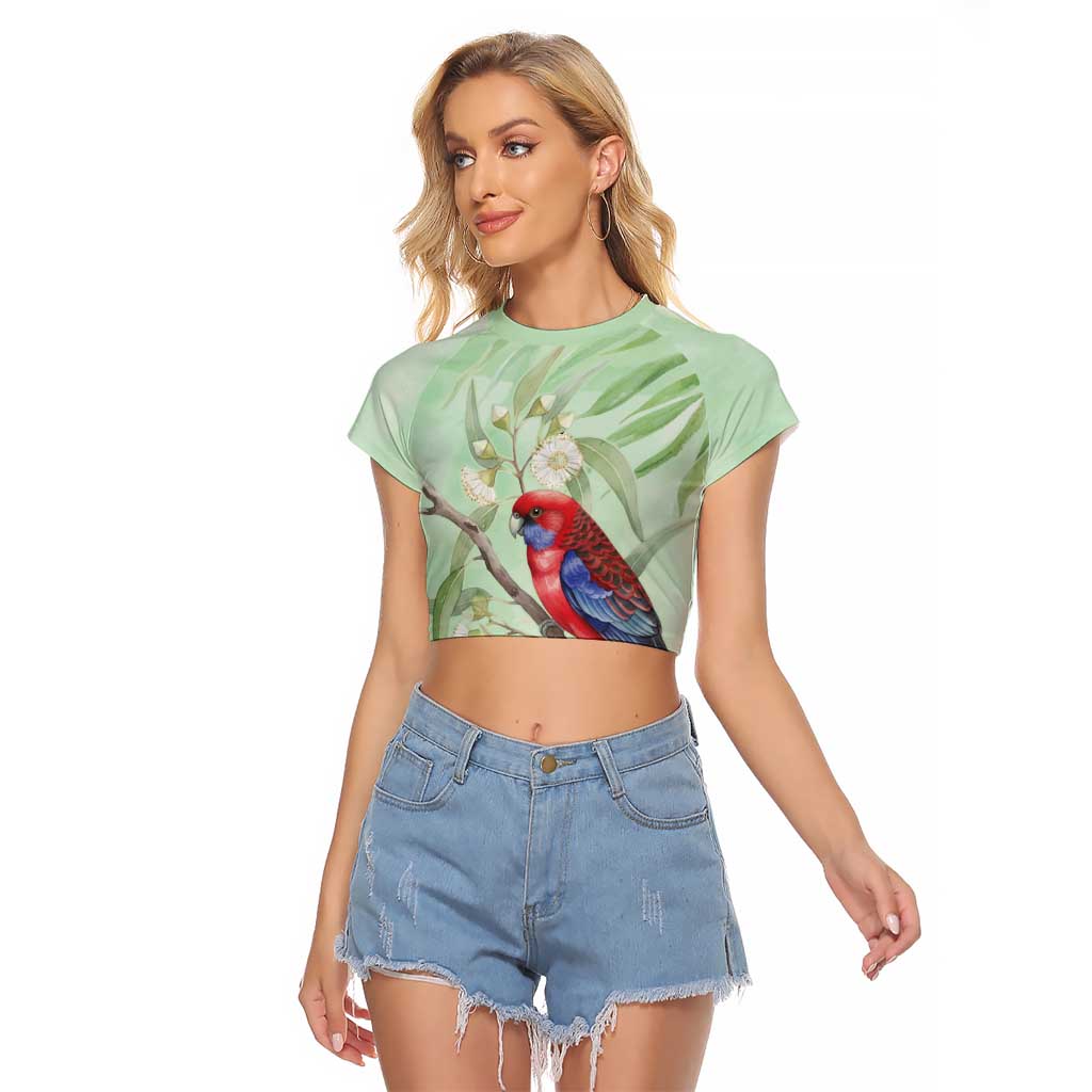 Australia Crimson Rosella Raglan Cropped T Shirt Platycercus Elegans Eucalyptus Alba Watercolor - Aussie Hoodie
