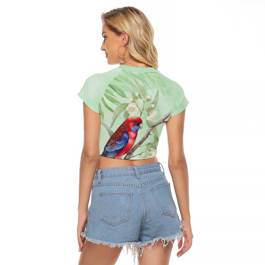 Australia Crimson Rosella Raglan Cropped T Shirt Platycercus Elegans Eucalyptus Alba Watercolor - Aussie Hoodie