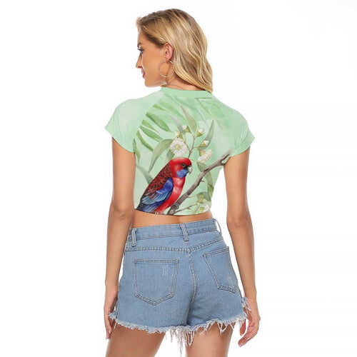 Australia Crimson Rosella Raglan Cropped T Shirt Platycercus Elegans Eucalyptus Alba Watercolor - Aussie Hoodie