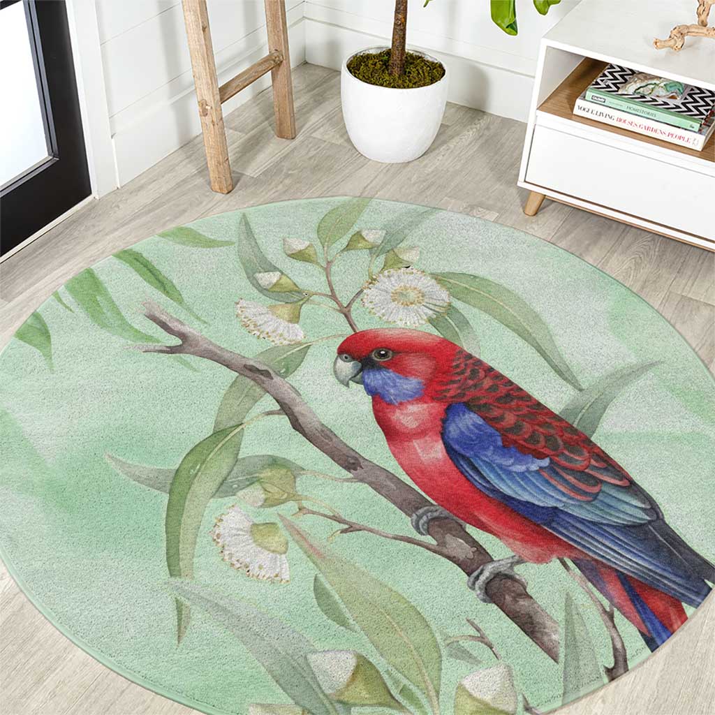 Australia Crimson Rosella Round Carpet Platycercus Elegans Eucalyptus Alba Watercolor - Aussie Hoodie