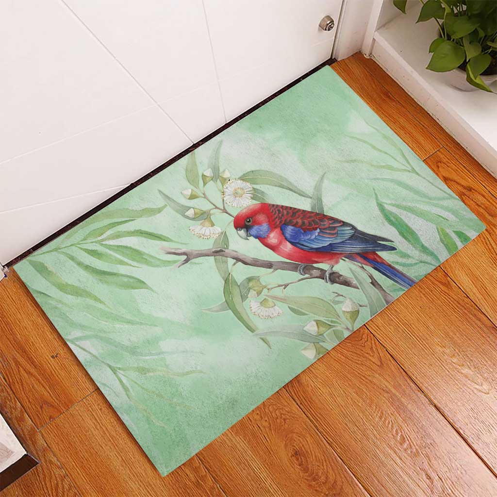 Australia Crimson Rosella Rubber Doormat Platycercus Elegans Eucalyptus Alba Watercolor - Aussie Hoodie